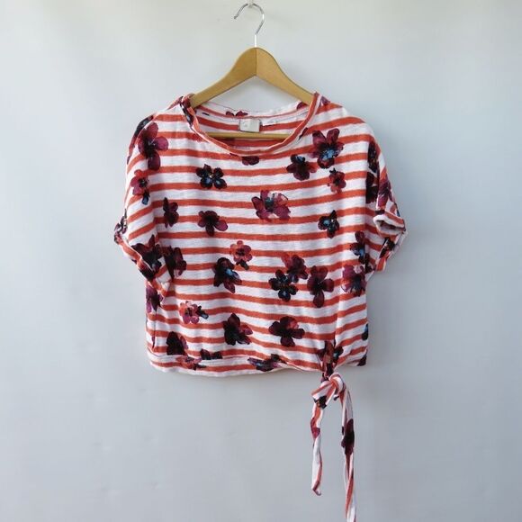 Anthro Postmark Women Size Small Red Navy Blue Striped Floral Side Tie Top - Picture 13 of 13